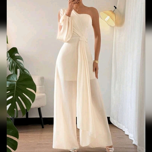 Women's Elegant Apricot Draped Shoulder Jumpsuit For Spring And Summer - Picture 3 of 4